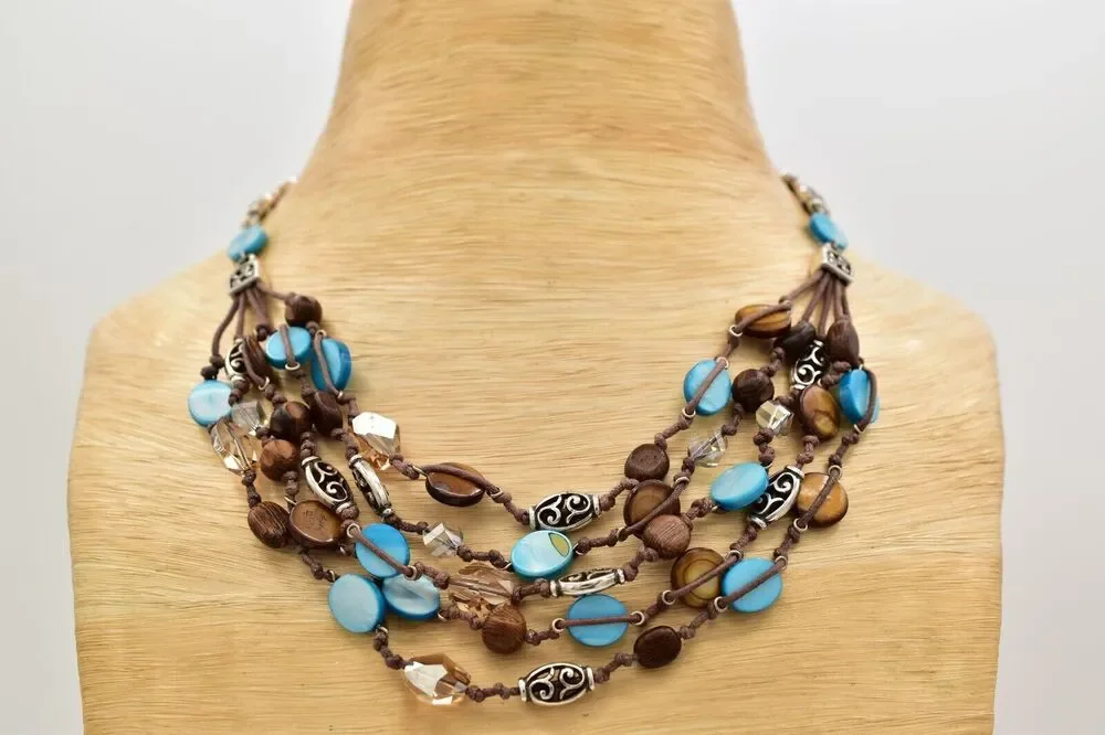 Brighton Blue Shell Beaded Collar Necklace Silver Crystal Wood Layered BinBJ